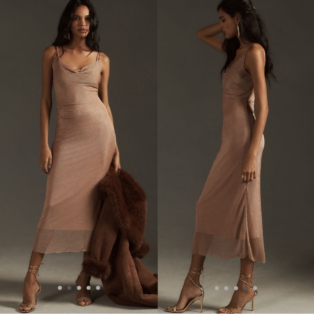 NWT By Anthropologie Sleeveless Cowl-Neck Shine Mesh Midi Dress Rose Gold Large